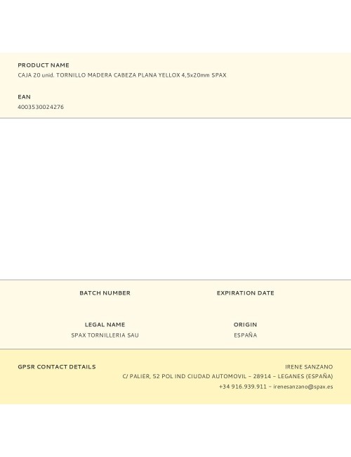 Caja 20 unid. tornillo madera cabeza plana yellox 4,5x20mm spax