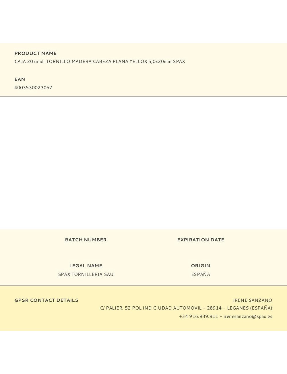 Caja 20 unid. tornillo madera cabeza plana yellox 5,0x20mm spax