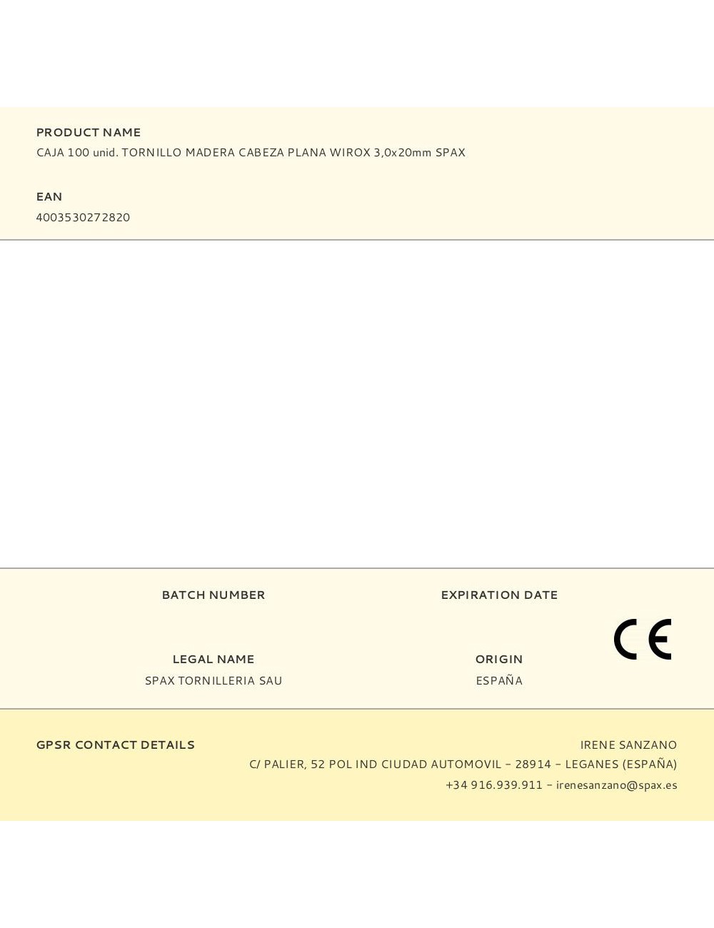 Caja 100 unid. tornillo madera cabeza plana wirox 3,0x20mm spax