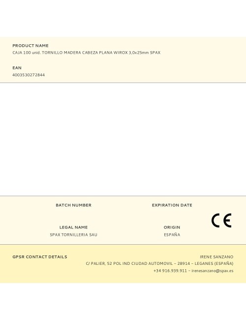 Caja 100 unid. tornillo madera cabeza plana wirox 3,0x25mm spax