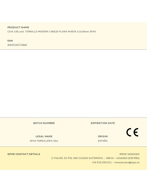 Caja 100 unid. tornillo madera cabeza plana wirox 3,0x30mm spax