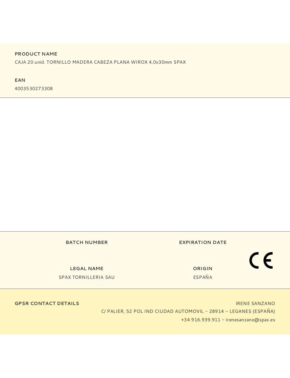 Caja 20 unid. tornillo madera cabeza plana wirox 4,0x30mm spax