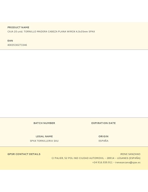 Caja 20 unid. tornillo madera cabeza plana wirox 4,0x35mm spax