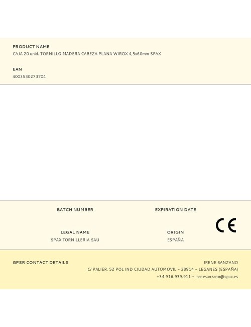 Caja 20 unid. tornillo madera cabeza plana wirox 4,5x60mm spax