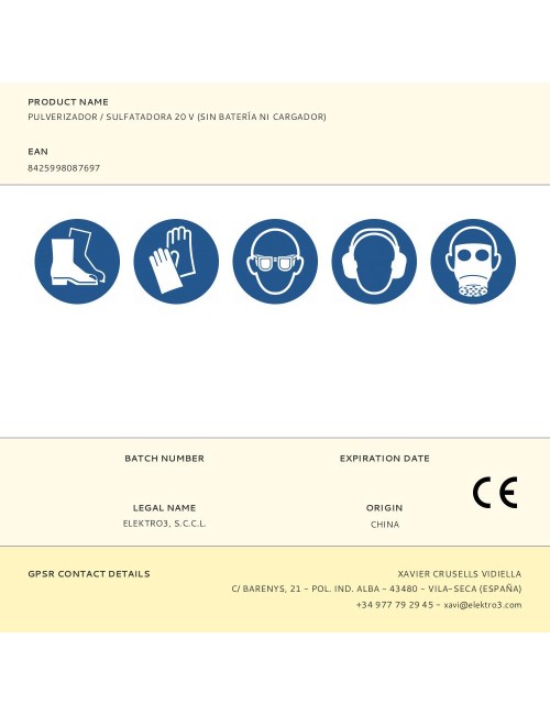 Pulverizador / sulfatadora 20 v (sin batería ni cargador)