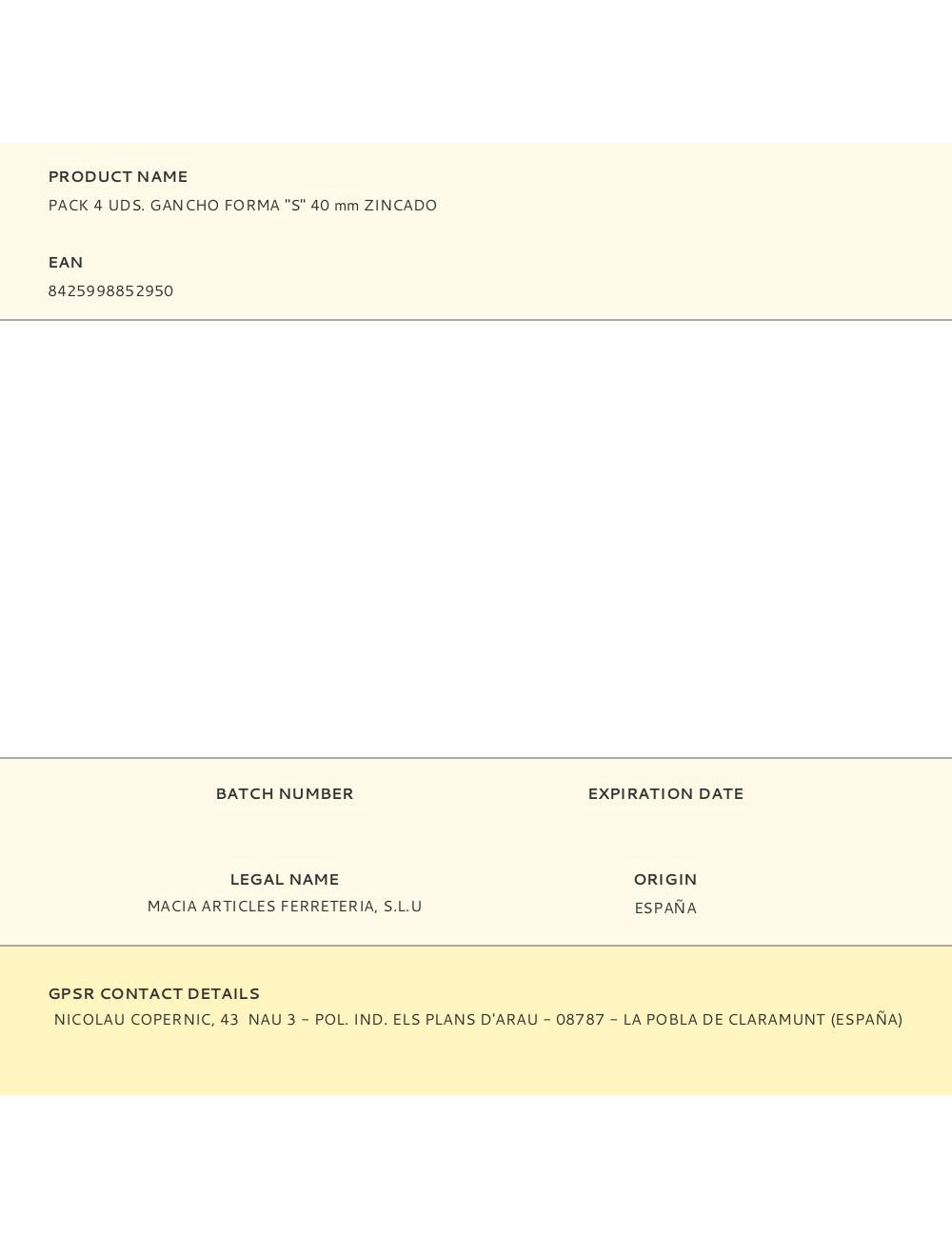 Gancho en forma de s 40 mm zincado, 4 uds