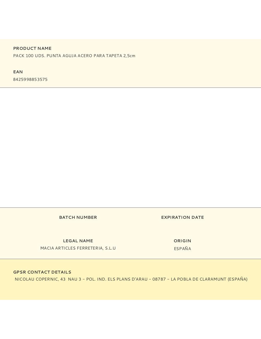 Punta aguja acero para tapeta 2,5 cm, pack 100 uds