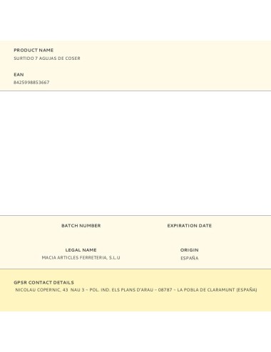 Agujas de coser, surtido 7 uds