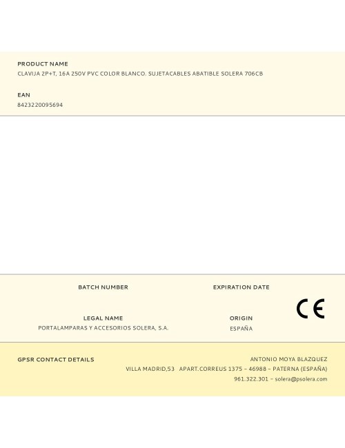 Clavija 2p+t, 16a 250v pvc color blanco. sujetacables abatible solera 706cb