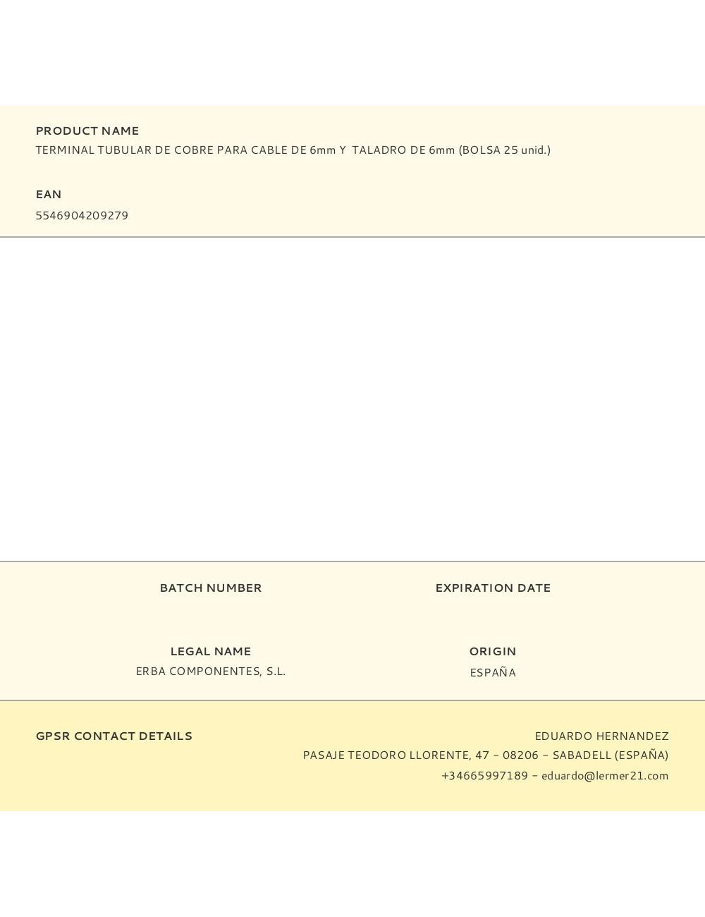 Terminal tubular de cobre para cable de 6 mm y taladro de 6 mm, bolsa 25 uds