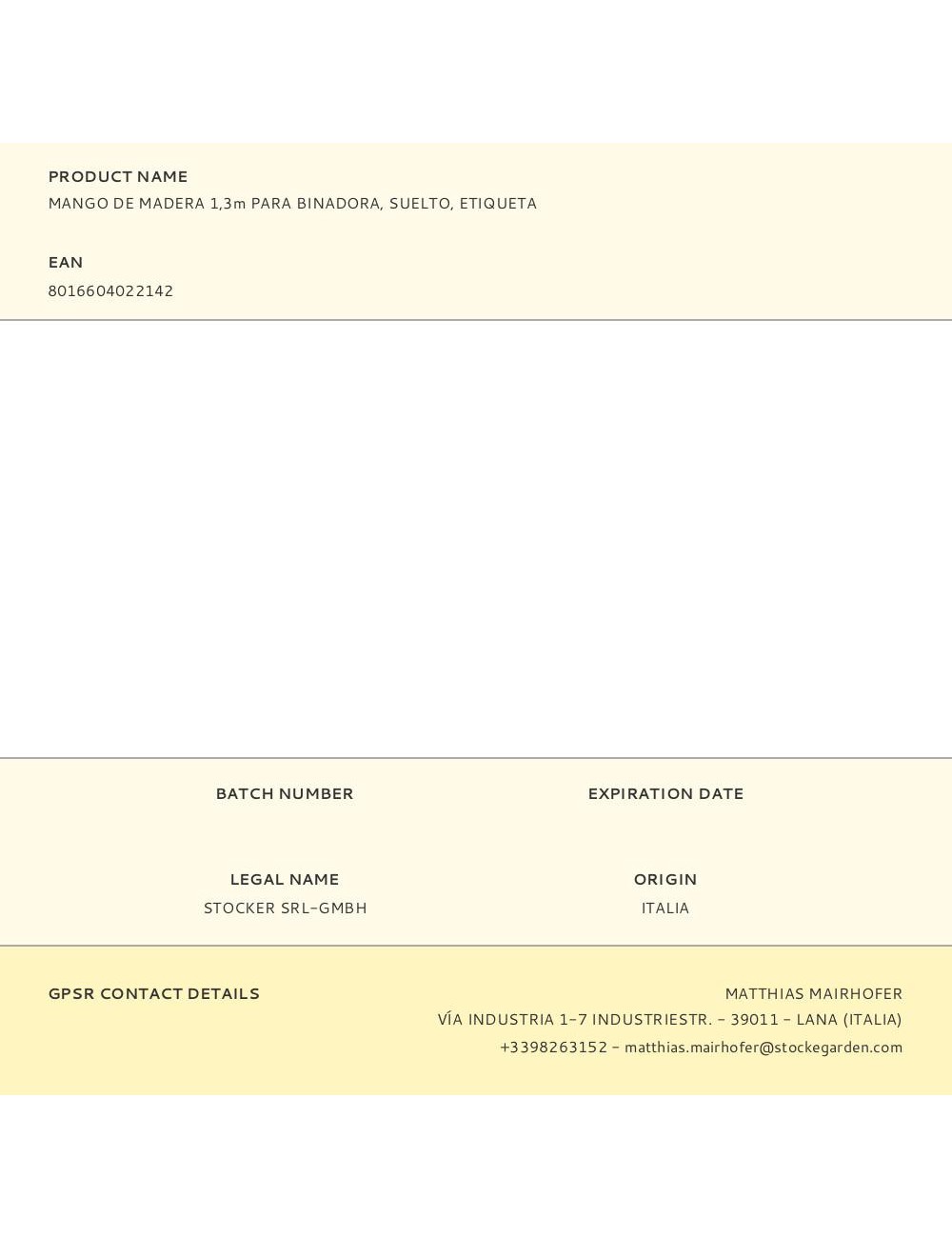 Mango de madera 1,3m para binadora, suelto, etiqueta