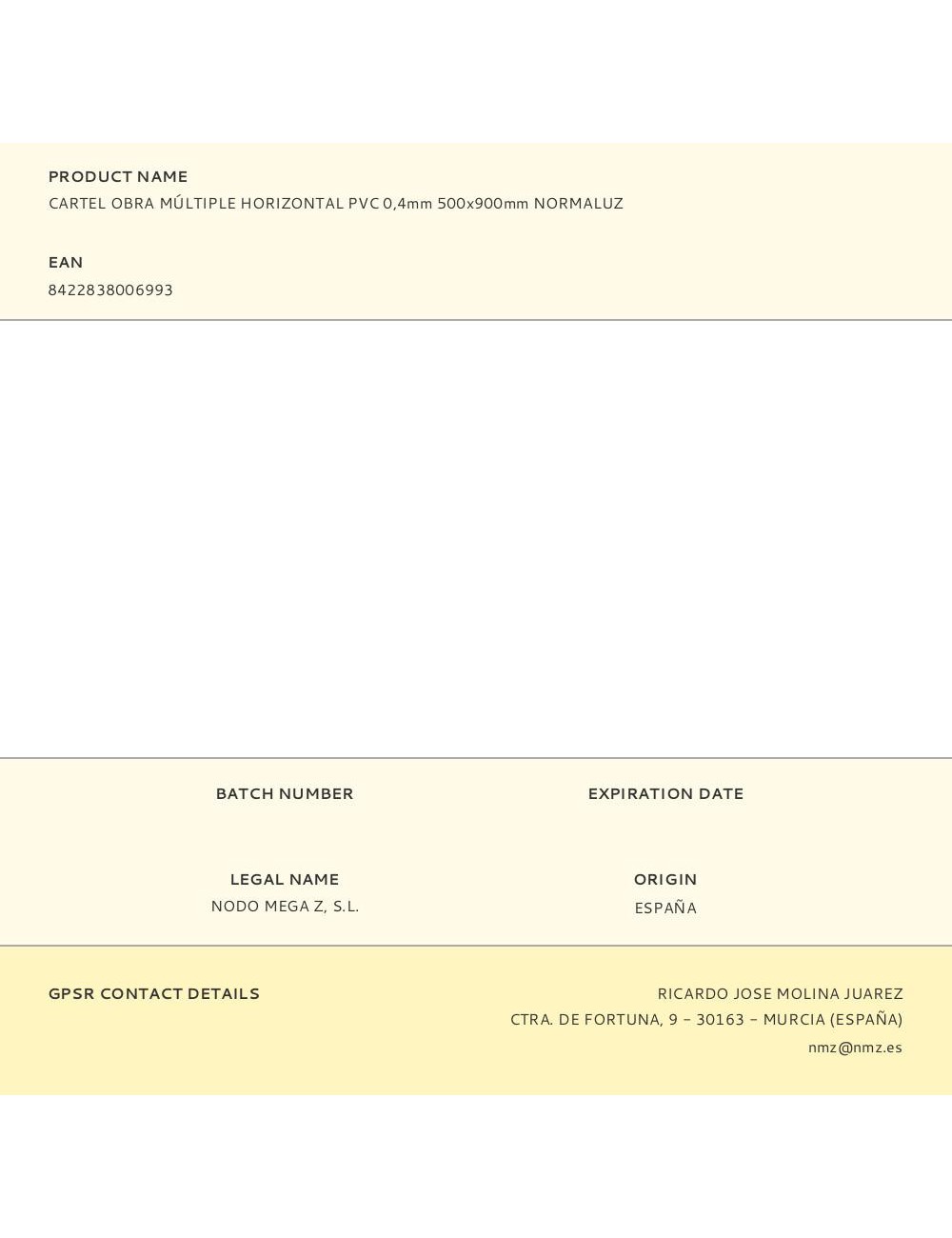 Cartel obra múltiple horizontal pvc 0,4mm 500x900mm normaluz