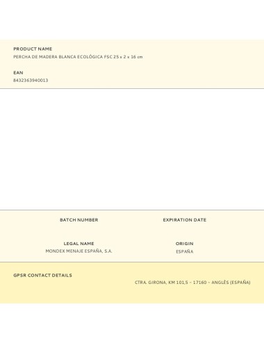 Percha de madera blanca ecológica fsc 25 x 2 x 16 cm