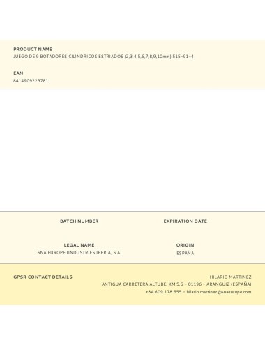 Botadores cilíndricos estriados (2,3,4,5,6,7,8,9,10 mm), juego de 9 piezas