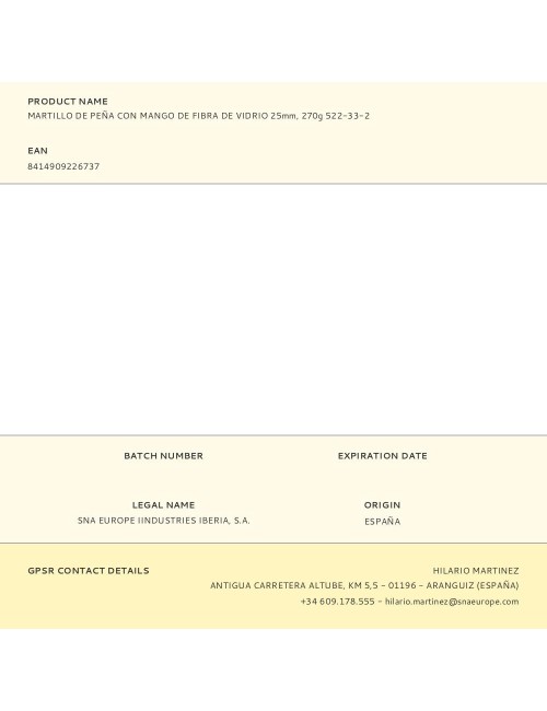 Martillo de peña con mango de fibra de vidrio, 270 g 25 mm