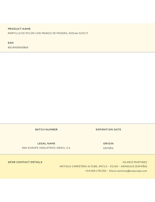 Martillo de nylon con mango de madera, ø35 mm