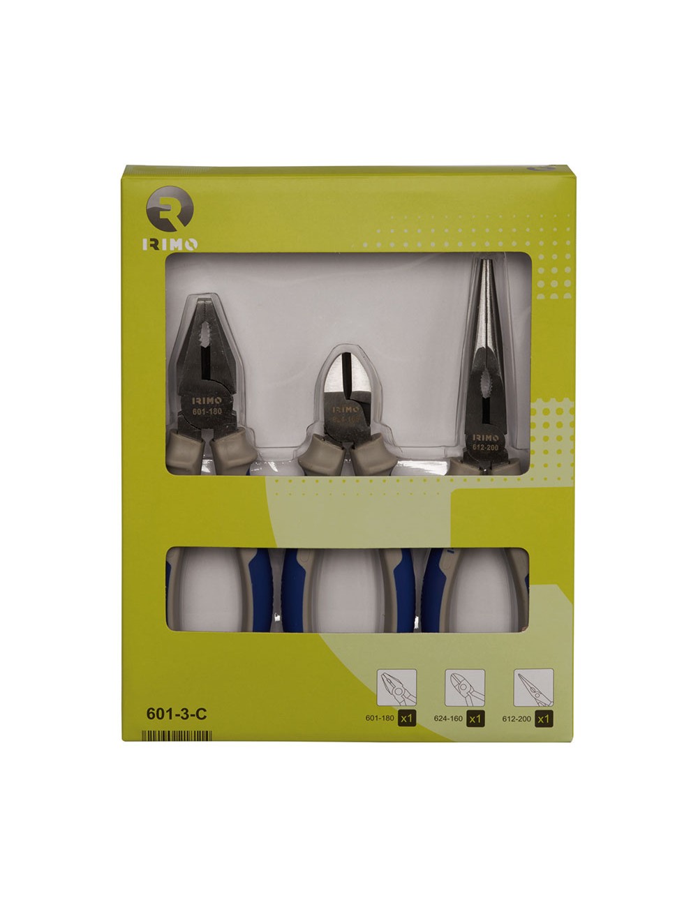 Alicates universales 180 mm, cortante 160 mm, semirredondo 200 mm, 3 piezas