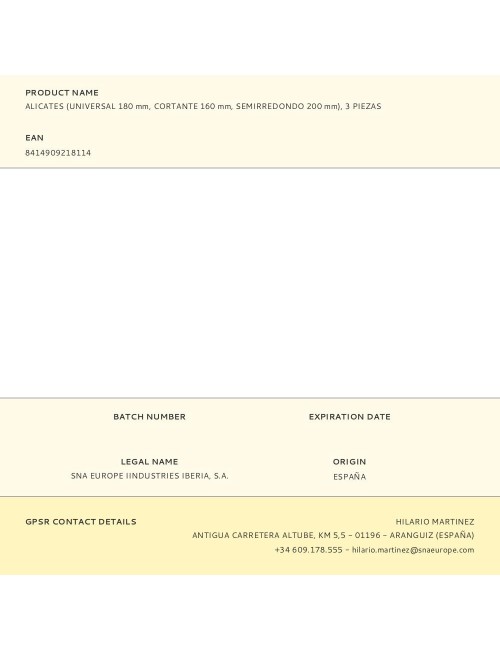 Alicates universales 180 mm, cortante 160 mm, semirredondo 200 mm, 3 piezas