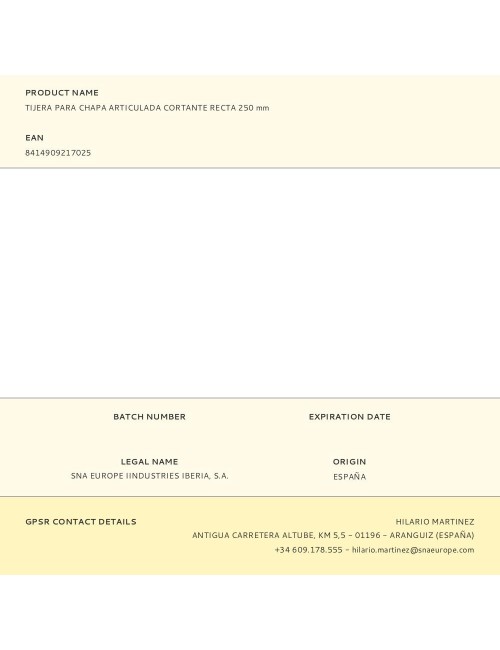 Tijera para chapa articulada cortante recta 250 mm