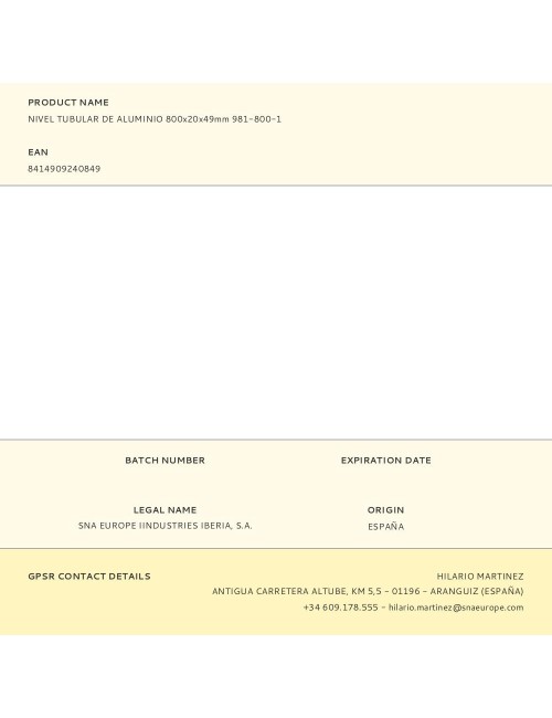 Nivel tubular de aluminio 800x20x49mm 981-800-1