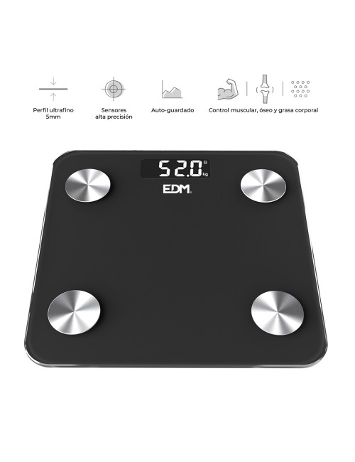 Báscula de baño digital inteligente con bluetooth color negro, máximo 180 kg