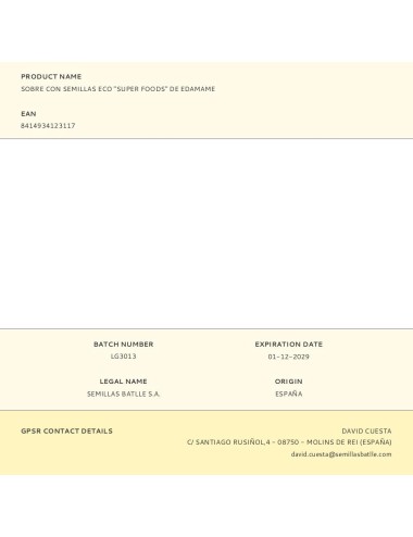 Sobre con semillas eco "super foods" de edamame