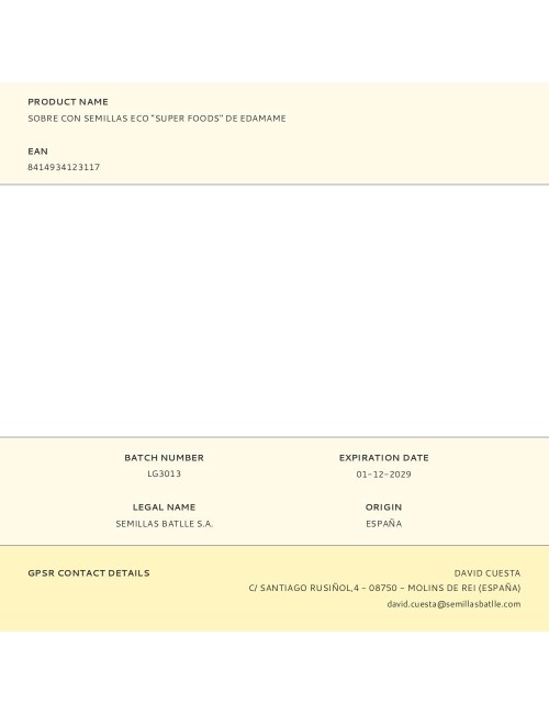 Sobre con semillas eco "super foods" de edamame