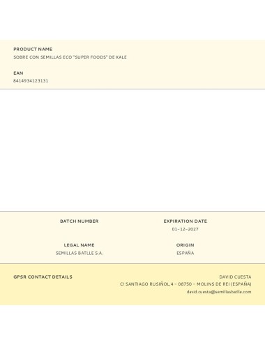 Sobre con semillas eco "super foods" de kale