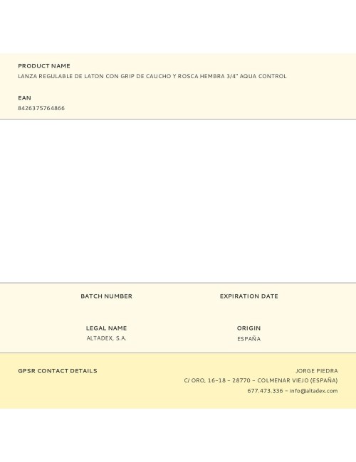 Lanza regulable de laton con grip de caucho y rosca hembra 3/4" aqua control