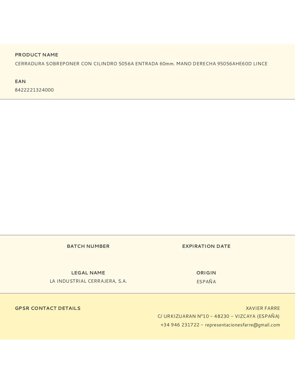 Cerradura sobreponer con cilindro 5056a entrada 60mm. mano derecha 95056ahe60d lince