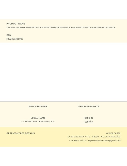 Cerradura sobreponer con cilindro 5056a entrada 70mm. mano derecha 95056ahe70d lince