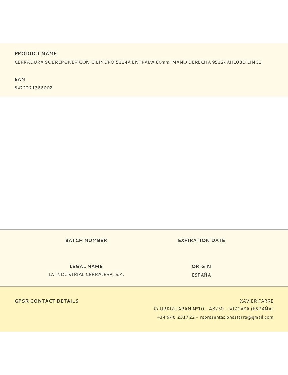 Cerradura sobreponer con cilindro 5124a entrada 80mm. mano derecha 95124ahe08d lince