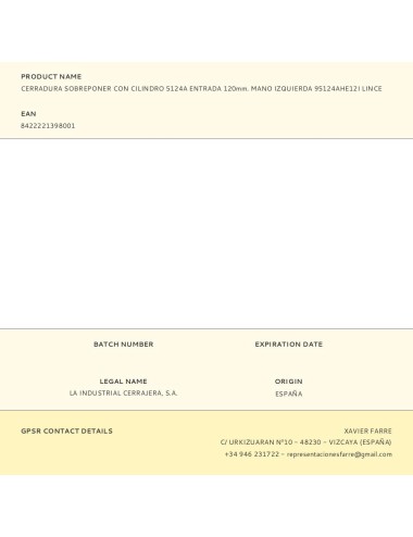 Cerradura sobreponer con cilindro 5124a entrada 120mm. mano izquierda 95124ahe12i lince