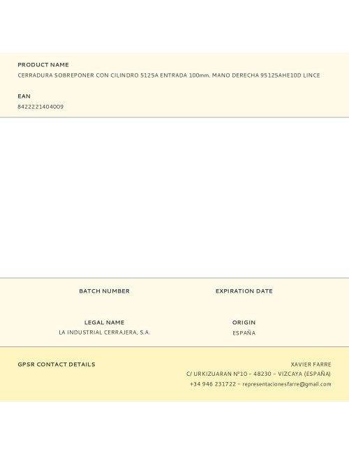 Cerradura sobreponer con cilindro 5125a entrada 100mm. mano derecha 95125ahe10d lince