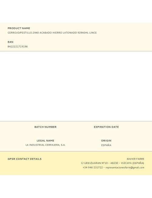 Cerrojo/pestillo 2940 acabado hierro latonado 92940hl lince