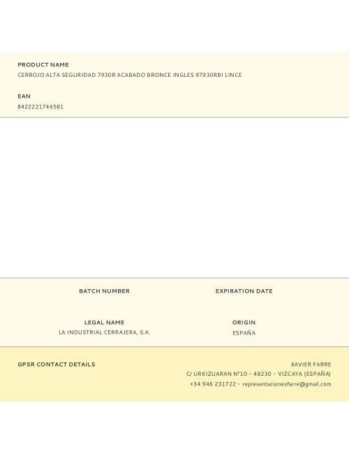 Cerrojo alta seguridad 7930r acabado bronce ingles 97930rbi lince