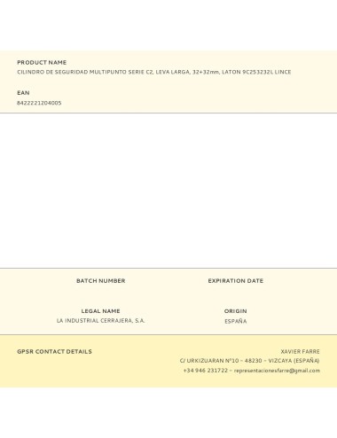 Cilindro de seguridad multipunto serie c2, leva larga, 32+32mm, laton 9c253232l lince