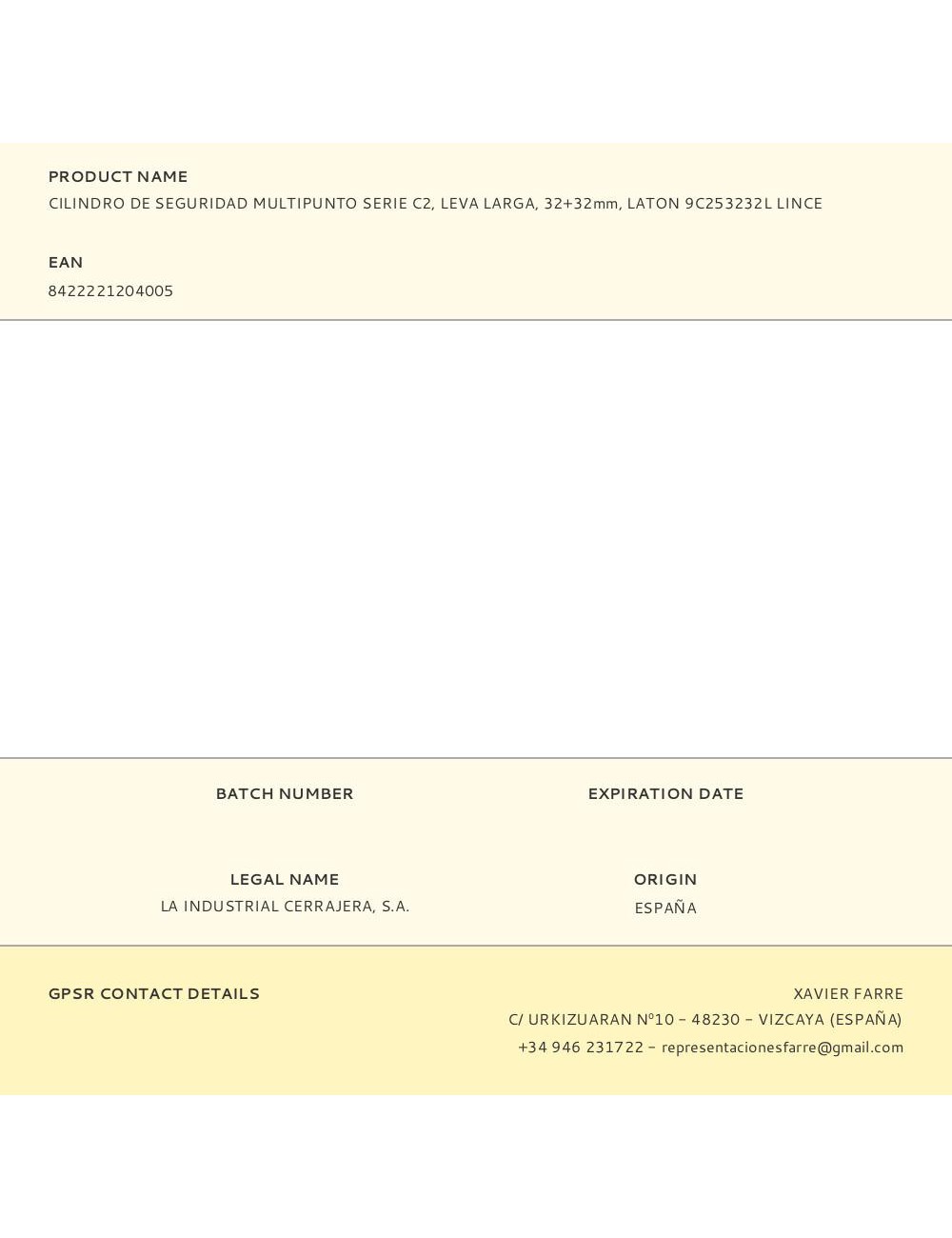Cilindro de seguridad multipunto serie c2, leva larga, 32+32mm, laton 9c253232l lince