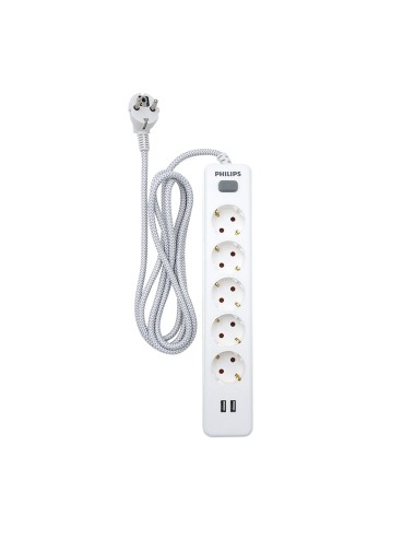 Base múltiple 5 tomas schuko, con interruptor + 2 usb a, 2 m cable, 16a 230v~, blanca