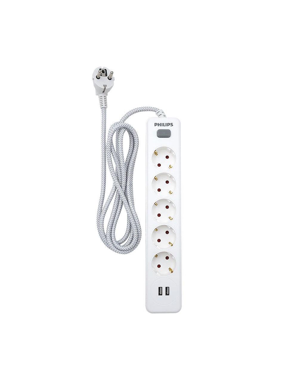 Base múltiple 5 tomas schuko, con interruptor + 2 usb a, 2 m cable, 16a 230v~, blanca