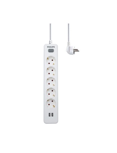 Base múltiple 5 tomas schuko, con interruptor + 2 usb a, 2 m cable, 16a 230v~, blanca