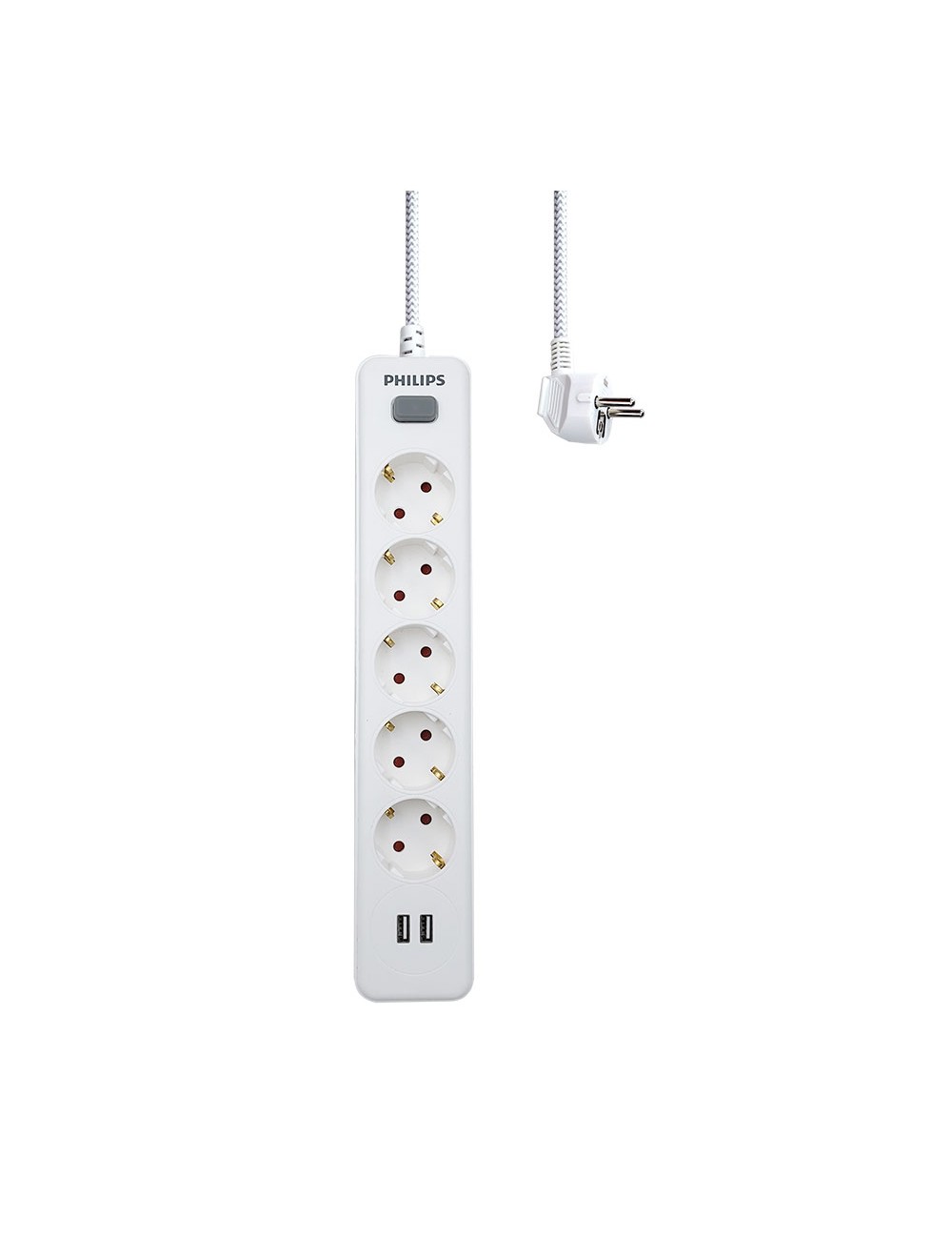 Base múltiple 5 tomas schuko, con interruptor + 2 usb a, 2 m cable, 16a 230v~, blanca