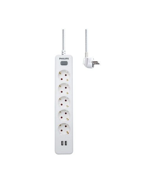 Base múltiple 5 tomas schuko, con interruptor + 2 usb a, 2 m cable, 16a 230v~, blanca