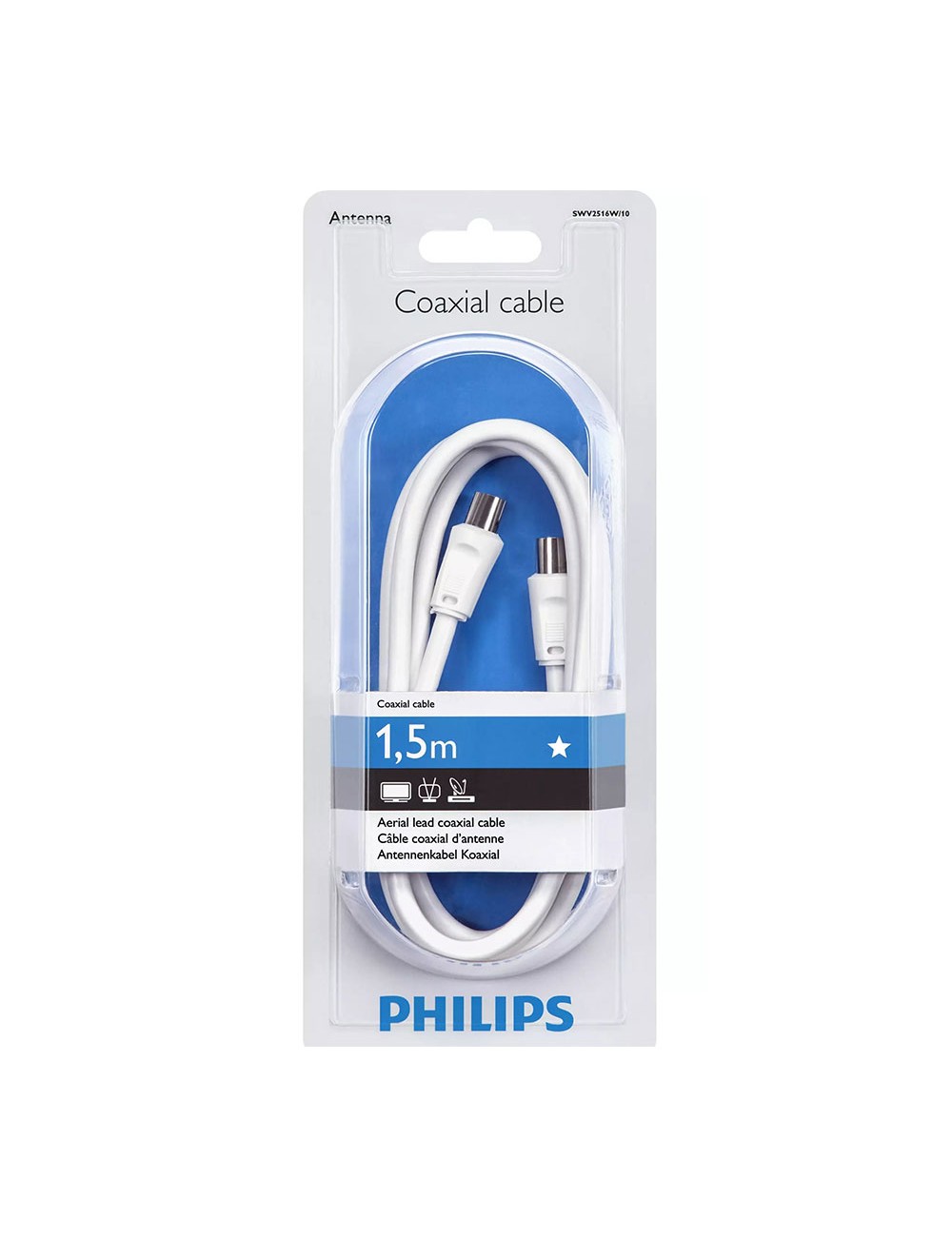 Cable de antena tv coaxial tipo pal 1,5m swv2516w/10 philips