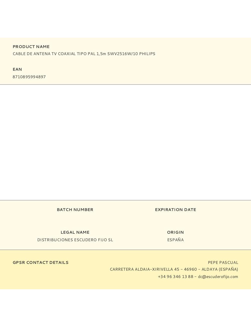 Cable de antena tv coaxial tipo pal 1,5m swv2516w/10 philips