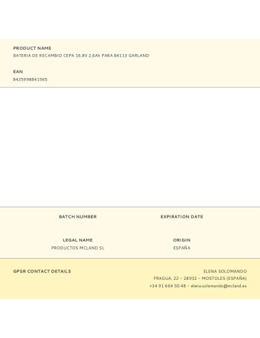 Bateria de recambio cepa 16.8v 2,6ah para 84113 garland