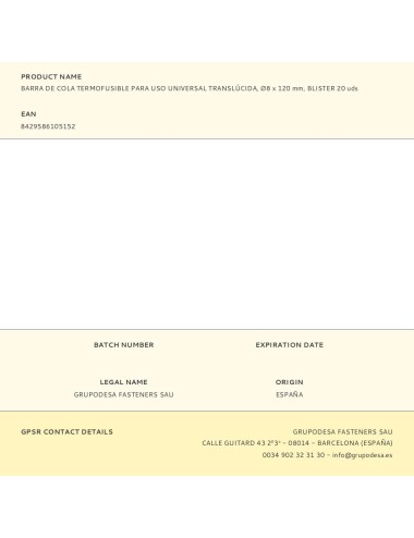 Barra de cola termofusible para uso universal translúcida, ø8 x 120 mm, blister 20 uds