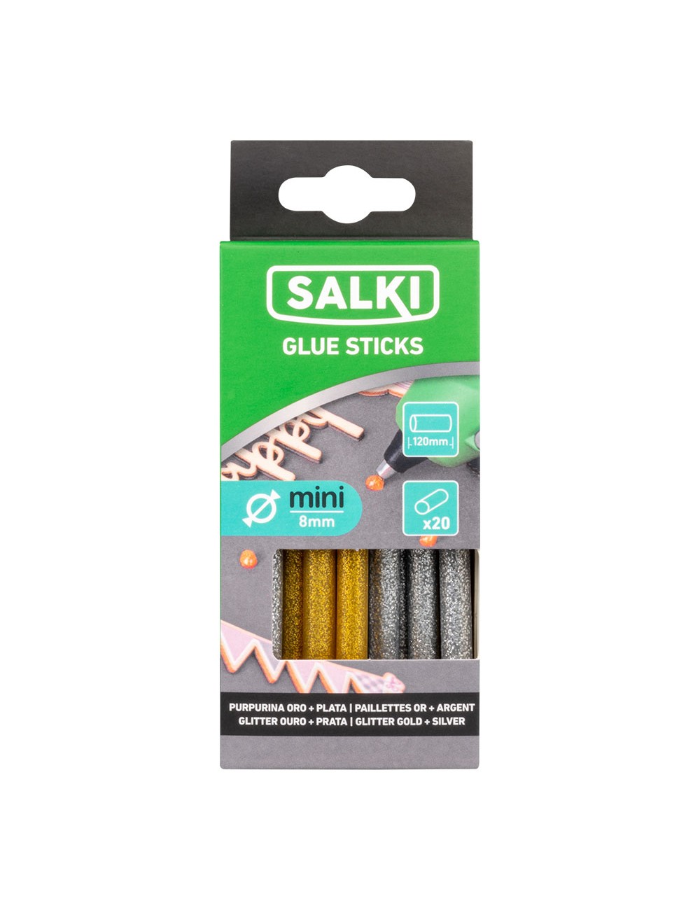 Barra de cola termofusible para decoración purpurina dorado+plateado, ø8 x 120 mm. blister 20 uds