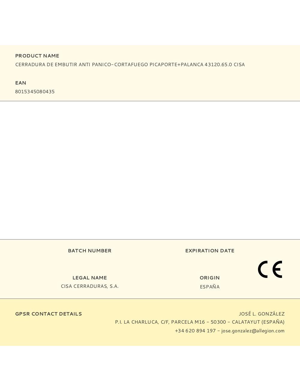 Cerradura de embutir anti panico-cortafuego picaporte+palanca 43120.65.0 cisa