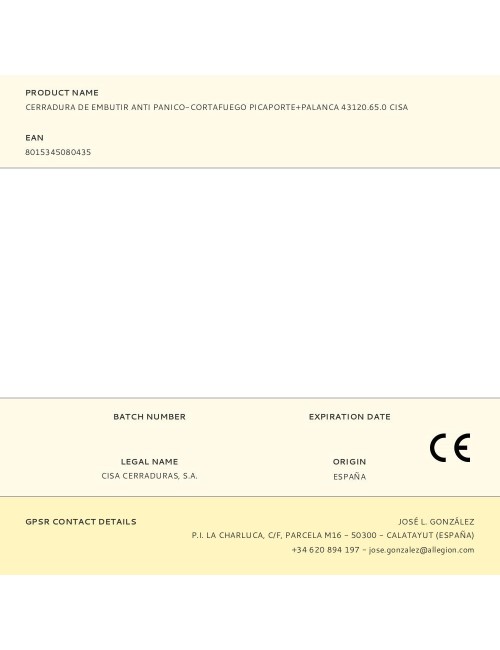 Cerradura de embutir anti panico-cortafuego picaporte+palanca 43120.65.0 cisa